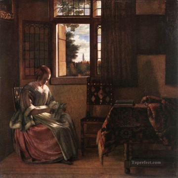ピーテル・デ・ホーホ Painting - 手紙を読む女性ジャンル ピーテル・デ・ホーホ